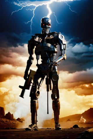 Multiple T800Endoskeleton,  facial portrait, anal portrait, full body, standing menacing, machine gun, cloudy sky, lightning, futuristic wasteland, 