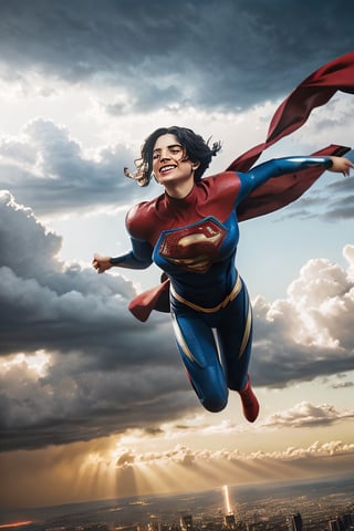 Photorealistic, sasha calle as Supergirl, facial portrait, sexy stare, smiling, flying through  the sky, city below, cloudy sky, lightning, birds flying around, ,sasha calle