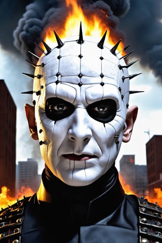 ultra Detailed pinhead, hellraiser, facial portrait, sexy stare, smirked, missionary costume, cenobite, apocalyptic streets behind, buildings on fire, cloudy sky, lightning, from behind 