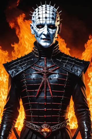 ultra Detailed pinhead, hellraiser, facial portrait, sexy stare, smirked, missionary costume, cenobite, inside hell, demons flying around, fire pits, lava flowing, corpses laying, 