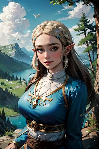 princess_zelda_aiwaifu, facial portrait, sexy stare, smirked, on top of hill, forest below, lake shore, cloudy sky, birds flying, sitting, 
