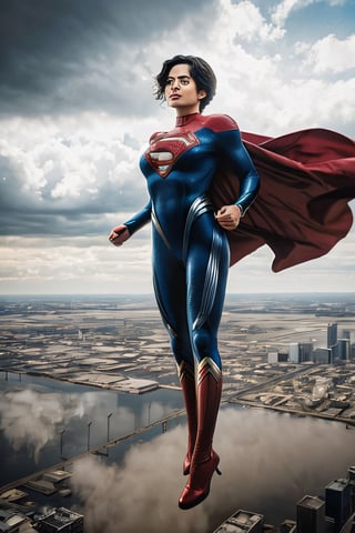 Photorealistic, sasha calle as Supergirl, facial portrait, sexy stare, smirked, full body, flying through the sky, city below, cloudy sky, plane, 