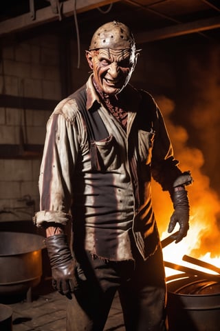 Freddy Krueger, evil smile, ragged shirt, wearing glove with long claws on right hand, inside old warehouse, dim light, big rusty iron oven, faucets leaking, fire, 