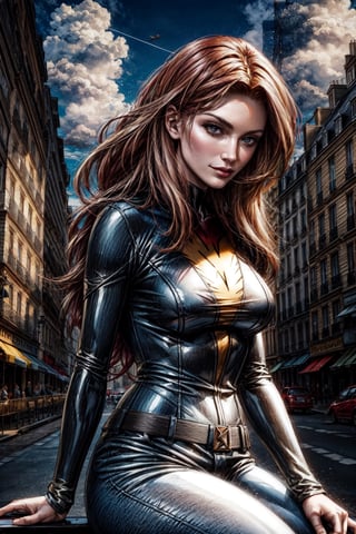 jean-grey,  facial portrait, sexy stare, smirked, walking through the streets of Paris, Eiffel tower behind, sunny day, clouds, birds flying, sitting at a Café, 
