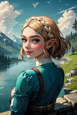 princess_zelda_aiwaifu, facial portrait, sexy stare, smirked, on top of hill, forest below, lake shore, cloudy sky, birds flying, from behind 