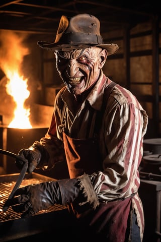 Freddy Krueger, evil smile, ragged shirt, wearing glove with long claws on right hand, inside old warehouse, dim light, big rusty iron oven, faucets leaking, fire, 