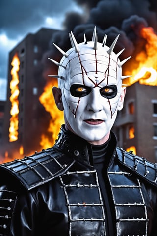 ultra Detailed pinhead, hellraiser, facial portrait, sexy stare, smirked, missionary costume, cenobite, apocalyptic streets behind, buildings on fire, cloudy sky, lightning, 