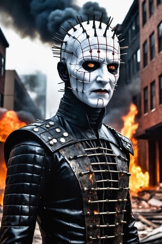 ultra Detailed pinhead, hellraiser, facial portrait, sexy stare, smirked, missionary costume, cenobite, apocalyptic streets behind, buildings on fire, cloudy sky, lightning, 