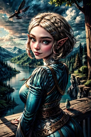 princess_zelda_aiwaifu, facial portrait, sexy stare, smirked, on top of hill, forest below, lake shore, cloudy sky, birds flying, butt shot 