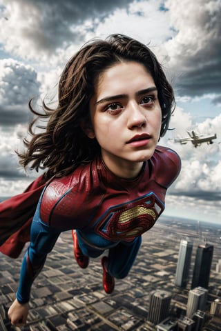 Photorealistic, sasha calle as Supergirl, facial portrait, sexy stare, smirked, full body, flying through the sky, city below, cloudy sky, plane, ,Detailedface