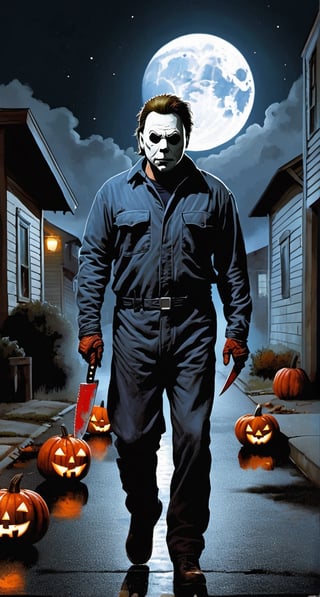 ultra Detailed Michael Myers, (holding a butchers knife) on one hand, walking the streets of a small town, cloudy sky, full moon, pumpkins though out the street, 