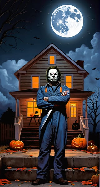 ultra Detailed Michael Myers, (holding a butchers knife) on one hand, sitting on a small porch, stairs, looking at small town, bellow,  cloudy sky, full moon, pumpkins though out the street, big sign in the sky that says "Happy Halloween" ,