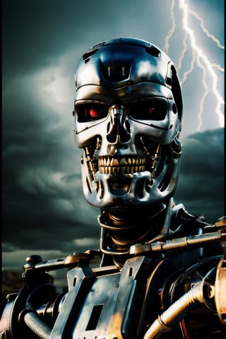 T800Endoskeleton,  facial portrait, cloudy sky, lightning, futuristic wasteland, 