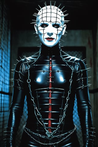 ultra Detailed pinhead, hellraiser, facial portrait, sexy stare, smirked, missionary costume, cenobite, inside bloody room, dim light, chains, barb wire, 