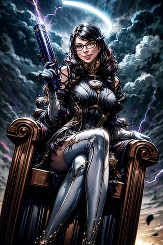 bayonetta_3_twintail_aiwaifu, facial portrait, sexy stare, cloudy sky, lightning, halos flying, sitting on a Big throne, pointing a gun at the camera, smiling 