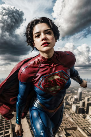 Photorealistic, sasha calle as Supergirl, facial portrait, sexy stare, smirked, full body, flying through the sky, city below, cloudy sky, plane, ,Detailedface
