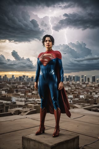 Photorealistic, sasha calle as Supergirl, facial portrait, sexy stare, smirked, standing proudly, on top of building, city below, cloudy sky, lightning, birds flying around, ,sasha calle