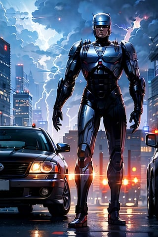 Robocop, full body, futuristic city, cloudy sky, lightning, crowds, cars, 