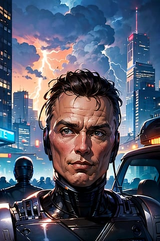 Robocop, facial portrait, smirked, futuristic city, cloudy sky, lightning, crowds, cars, 