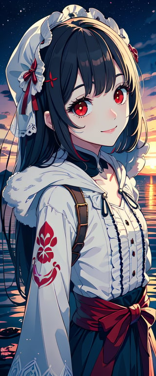 red eyes, black hair, girl, tender expression, ((long hair)), (dinamic pose), long bangs, centered, digital art, | sky, heavenly clouds, constellations, sky, clouds, heaven, mystical, psycodelic, | (saturated colors:1.2), sunset, bokeh, depth of field, | , hands in pockets, small breasts, slender body, stopped in a puddle, slight smile,twitch emoji, (Upper body), red coak with hood,ff14bg, ((white dress with ruffles)), light smile, red ribbon at the waist