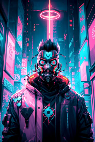 Cyberpunk Style, 1boy, cyberpunk, gas mask, glowing, halo, hologram, male focus, mask, neon lights, neon trim, science fiction, short hair, solo, spiked hair, upper body