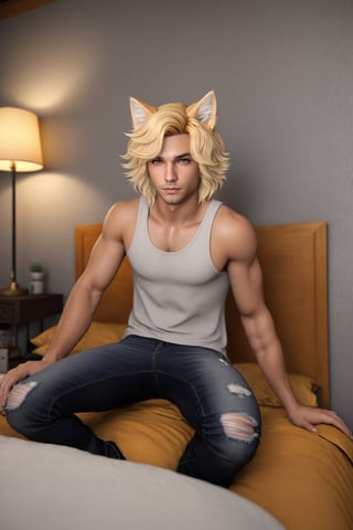 Phoenix Montoya,male focus, brown eyes,solo , blonde hair, cat ears, animal ears, day, looking at viewer,full body, sitting, bedroom scene, specular highlights, detailed eyes, detailed hair, textured hair, animal ear fluff, 