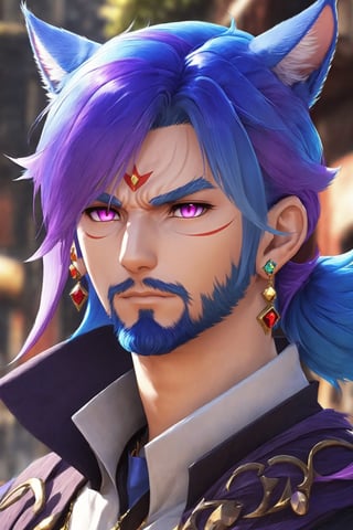 Khitli Locar, Miqote, cat boy,beard, blue eyes, blue hair, purple hair, stubble, cat boy, closed mouth, earrings, facial hair, jewelry, looking at viewer, multicolored hair, portrait, red eyes