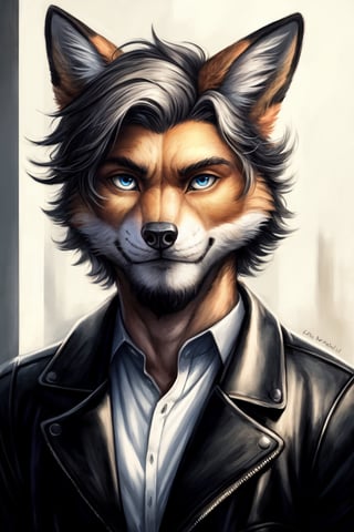 Andrew Bryant, 1boy, male focus, solo, two tone hair, grey hair, dusty brown hair, blue eyes, facial hair, beard, fox ears, silver fox vibes, gruff, dry looking skin, anthro, animal ears, animal ear fluff, furry, leather jacket with patches, detailed face, detailed eyes, detailed hair, tonemapping, ultra sharp, extremely detailed, side lighting, rim lighting, specular highlights,realistic