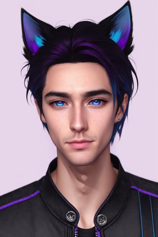 Maverick Ellis Rowe, 1boy, male focus, solo, looking at viewer, short hair, blue eyes, black hair, animal ears, jacket, purple hair, parted lips, cat ears, lips, colored sclera, freckles