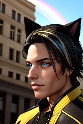 Maverick Ellis Rowe, blue eyes, solo, cat ears, animal ears, short hair, black hair, yellow jacket,outdoors, pride theme, rainbows, parade, black dress, specular highlights, side lighting, detailed face, detailed eyes, wide shot, dynamic lighting, dynamic angle