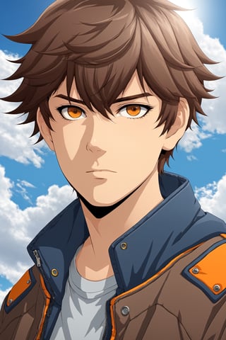 Cyberpunk Style, 1boy, blue sky, brown eyes, brown hair, cloud, cloudy sky, day, jacket, looking at viewer, male focus, orange eyes, shirt, short hair, sky, solo, upper body