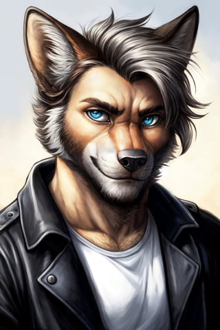 Andrew Bryant, 1boy, male focus, solo, two tone hair, grey hair, dusty brown hair, blue eyes, facial hair, beard, fox ears, silver fox vibes, gruff, dry looking skin, anthro, animal ears, animal ear fluff, furry, leather jacket with patches, detailed face, detailed eyes, detailed hair, tonemapping, ultra sharp, extremely detailed, side lighting, rim lighting, specular highlights,realistic