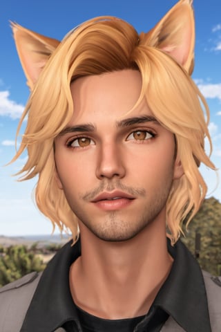 Phoenix Montoya, blonde hair, male focus, brown eyes, cat ears, animal ears, day, lips, looking at viewer, first person view, outdoors, sky, solo