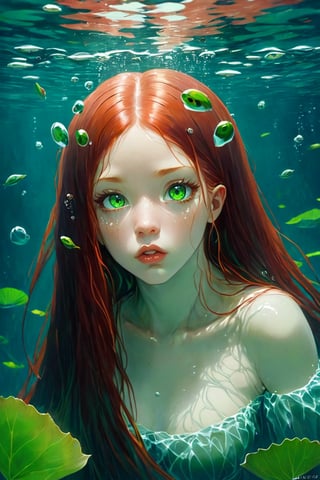 1girl, solo, long hair, looking at viewer, green eyes, red hair, parted lips, water, lips, leaf, looking up, monster girl, partially submerged, freckles, fish, underwater, air bubble,