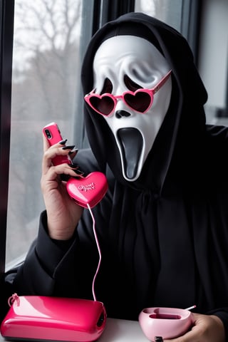 Ghostface Baller, solo, 1boy, holding, male focus, heart, nail polish, window, mask, phone, sunglasses, cellphone, black nails, holding phone, cigarette, drinking straw, smoking, heart-shaped eyewear