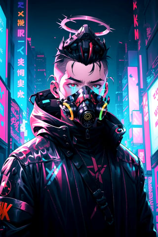 Cyberpunk Style, 1boy, cyberpunk, gas mask, glowing, halo, hologram, male focus, mask, neon lights, neon trim, science fiction, short hair, solo, spiked hair, upper body