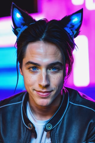 Maverick Ellis Rowe, 1boy, male focus, solo, looking at viewer, smile, blue eyes, black hair, animal ears, one eye closed, cat ears, lips, night, freckles, realistic, neon lights, 