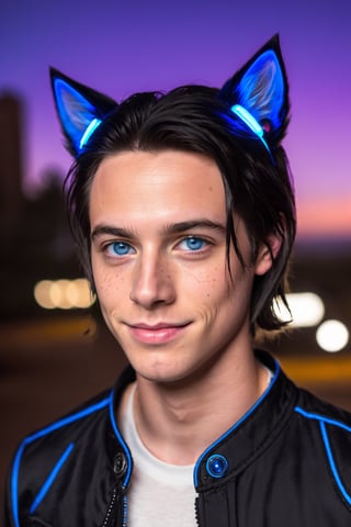 Maverick Ellis Rowe, 1boy, male focus, solo, looking at viewer, smile, blue eyes, black hair, animal ears, one eye closed, cat ears, lips, night, freckles, realistic, neon lights, 