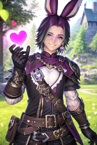 Khitli Viera, solo, looking at viewer, smile, short hair, violet hair, gloves, 1boy, animal ears, heterochromia, green eyes, jewelry, purple eyes, weapon, male focus, heart, earrings, outdoors, green hair, black gloves, belt, hand up, rabbit ears, blurry background, facial mark, floating hearts, viera, 