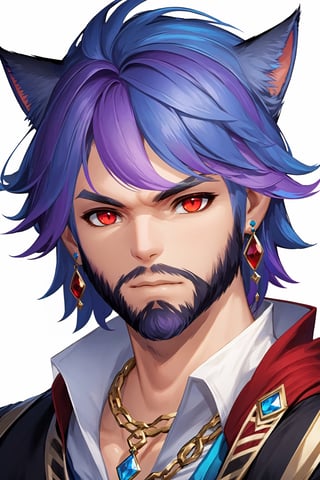 Khitli Locar, Miqote, cat boy,beard, blue eyes, blue hair, purple hair, stubble, cat boy, closed mouth, earrings, facial hair, jewelry, looking at viewer, multicolored hair, portrait, red eyes