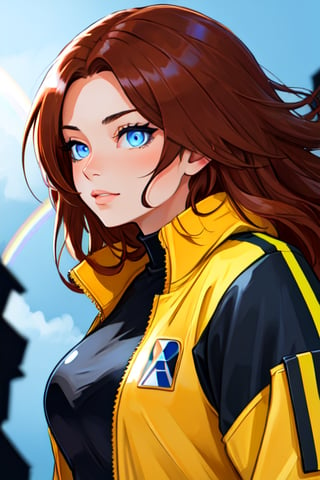  blue eyes, solo, voluptuous, auburn hair, long hair, yellow jacket,outdoors, pride theme, rainbows, parade, black dress, specular highlights, side lighting, detailed face, detailed eyes, wide shot, dynamic lighting, dynamic angle