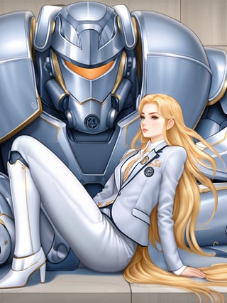 rcz1, illustration,a woman with long blonde hair sitting on the ground, wears a suit of power armor, closeup character portrait, cute detailed digital art, artgerm and lois van baarle, japanese anime, 1girl