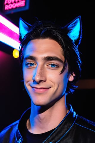 Maverick Ellis Rowe, 1boy, male focus, solo, looking at viewer, smile, blue eyes, black hair, animal ears, one eye closed, cat ears, lips, night, freckles, realistic, neon lights, 