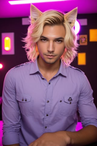 Phoenix Montoya, Phoenix Montoya,male focus, brown eyes,solo , blonde hair, cat ears, animal ears,looking at viewer, indoors, neon theme