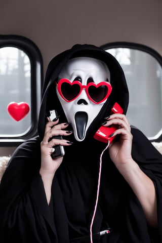 Ghostface Baller, solo, 1boy, holding, male focus, heart, nail polish, window, mask, phone, sunglasses, cellphone, black nails, holding phone, cigarette, drinking straw, smoking, heart-shaped eyewear