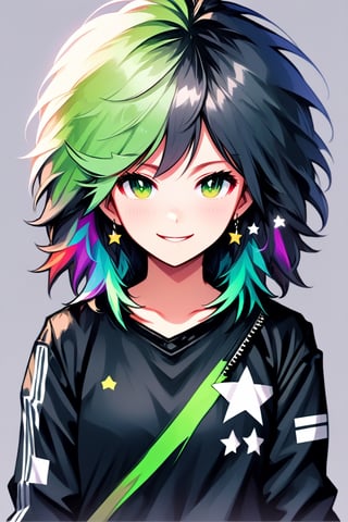 Niji Kei, long hair, genderless, looking at viewer, blush, smile, bangs, shirt, black hair, jewelry, closed mouth, jacket, upper body, white hair, multicolored hair, earrings, green hair, star (symbol), two-tone hair, streaked hair, black jacket, messy hair, multicolored clothes, zipper, 1boy  