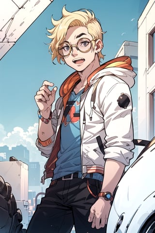 Cyberpunk Style, 1boy, male focus, solo, blonde hair, earrings, jewelry, sunglasses, open mouth, mole under eye, tinted eyewear, jacket, mole, short hair, hood, meme, looking at viewer, round eyewear, glasses