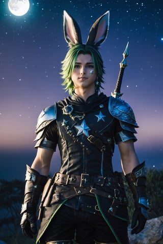 Khitli Viera, 1boy, male focus, solo, short hair, gloves, animal ears, jewelry, weapon, earrings, outdoors, green hair, sky, rabbit ears, armor, from side, night, moon, shoulder armor, star (sky), night sky, starry sky, viera 