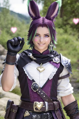 Khitli Viera, solo, looking at viewer, smile, short hair, violet hair, gloves, 1boy, animal ears, heterochromia, green eyes, jewelry, purple eyes, weapon, male focus, heart, earrings, outdoors, green hair, black gloves, belt, hand up, rabbit ears, blurry background, facial mark, floating hearts, viera, 