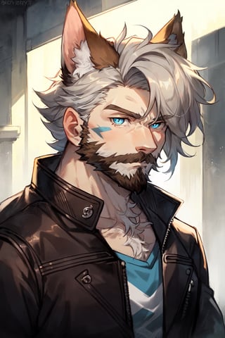 Andrew Bryant, 1boy, male focus, solo, two tone hair, grey hair, dusty brown hair, blue eyes, facial hair, beard, fox ears, silver fox vibes, gruff, dry looking skin, anthro, animal ears, animal ear fluff, furry, leather jacket with patches, detailed face, detailed eyes, detailed hair, tonemapping, ultra sharp, extremely detailed, side lighting, rim lighting, specular highlights,realistic